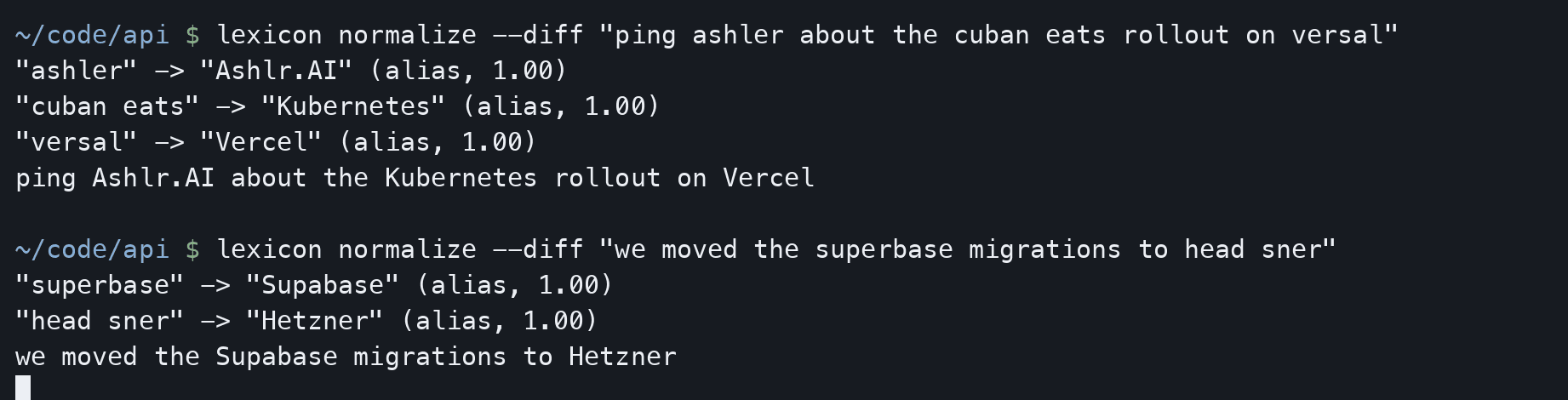 A terminal running lexicon normalize --diff on two dictated sentences, each replacement listed above the corrected line it produced.