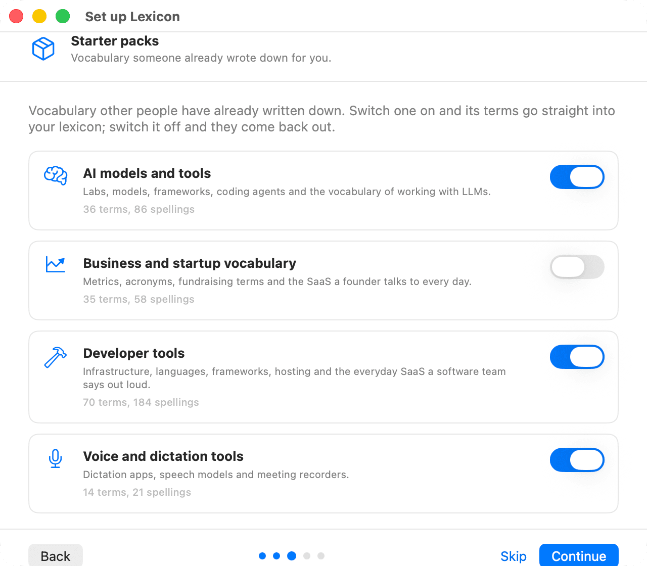 Lexicon’s starter pack picker with four cards: AI models and tools, Business and startup vocabulary, Developer tools, and Voice and dictation tools, each with its term count and an on/off switch.
