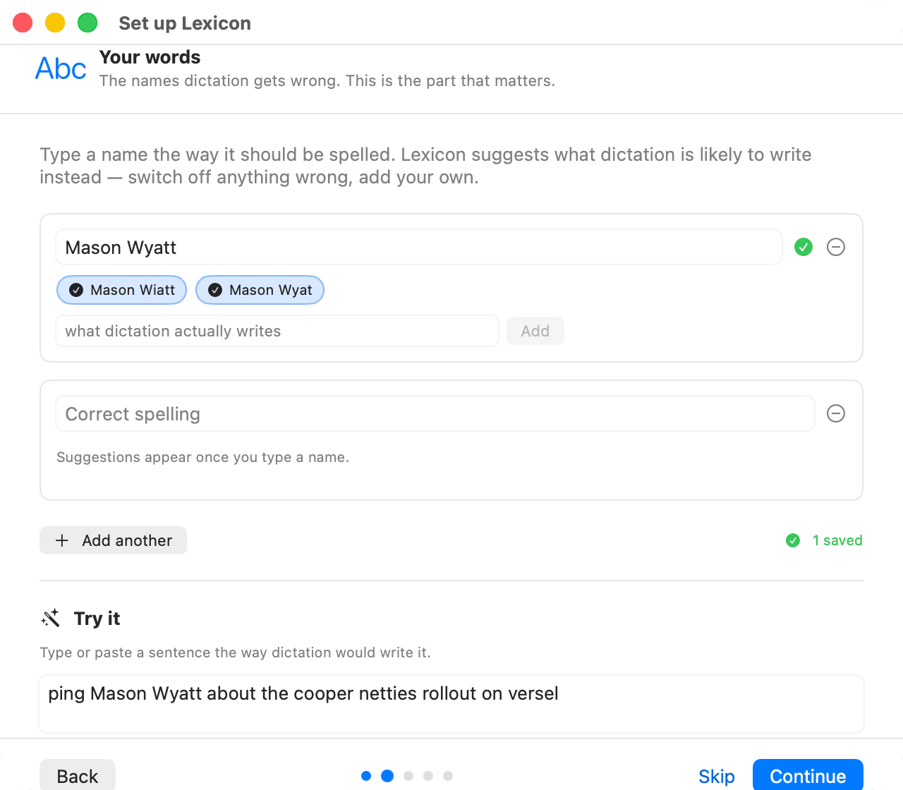 Lexicon’s macOS setup window on the step ‘Your words’, showing the name Mason Wyatt with the suggested misspellings Mason Wiatt and Mason Wyat, both switched on, above a Try it box holding a dictated sentence.